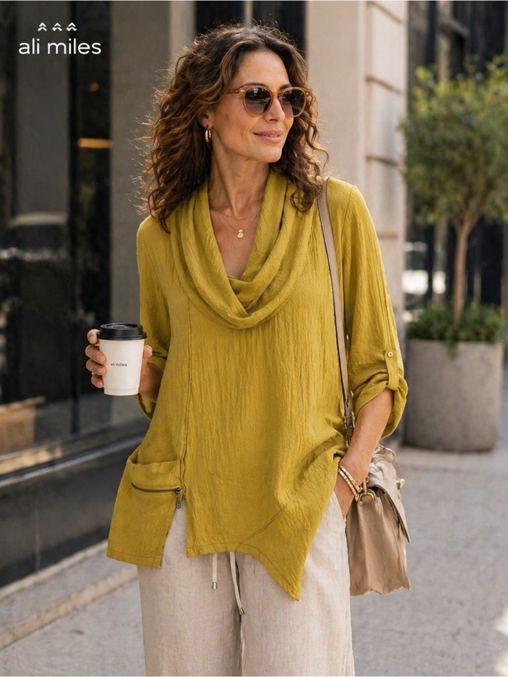 Ali Miles Asymmetrical Tunic Top Cowl Neck Lagenlook Crinkle Women’s‎ MEDIUM - Picture 3 of 16